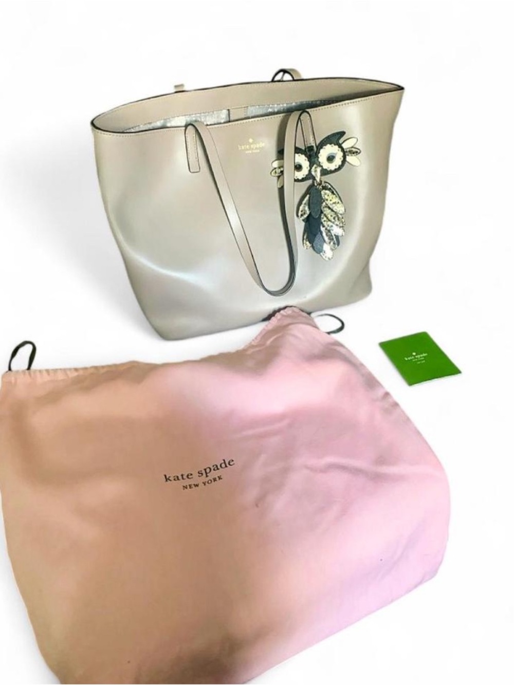 Kate Spade Star Bright Owl Little Len Leather Tote Cityscape Taupe Grey WKRU5675
